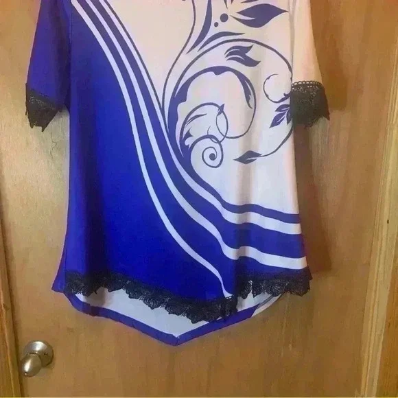 rosegal plus size tops 1X Blue With Lace Short Sleeve Crew Neck - Picture 2 of 13